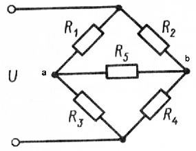 <b>Задача 7</b><br />В схеме моста, изображенной на рис., найти токи, протекающие через резисторы R1-R5, дли случаев: a) R5 =0; 6)R5 =5 Ом.     <br /> <b>Вариант 3</b><br />U = 20 В, R1 = 2 Ом, R2 = 3 Ом, R3 = 5 Ом, R4 = 10 Ом 