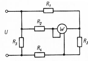 <b>Задача 4 </b><br />В схеме, показанной на рис., известны сопротивления резисторов R1 - R5 и мощность Р, показываемая ваттметром. Рассчитать токи, протекающие через резисторы, и напряжение U на зажимах схемы.  <br />Вариант 6 <br /> R1 = 11 Ом, R2 = 7 Ом, R3 = 28 Ом, R4 = 5 Ом, R5 = 30 Ом, P = 45 Вт