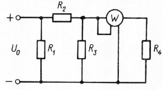 <b>Задача 3</b><br />В электрической цепи, изображенной на рис., известны показания ваттметра Р, а также даны сопротивления резисторов. Рассчитать токи во всех ветвях цепи и напряжения на резисторах, а также напряжение питания. <br /> Вариант 7<br /> P = 72 Вт, R1 =  10 Ом, R2 = 20 Ом, R3 = 2 Ом, R4 = 8 Ом