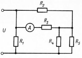 <b>Задача 5</b><br />  В схеме, показанной на рис., известны сопротивления резисторов R1 - R5 и сила тока I, показываемая амперметром. Рассчитать токи, протекающие через каждый резистор, а также напряжение U на входе.  <br /> Вариант 17<br />R1 = 10 Ом, R2 = 3 Ом, R3 = 5 Ом, R4 = 8 Ом, R5 = 13 Ом, I = 5 Ф