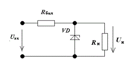 Для стабилизации напряжения в нагрузке Rн = 2 кОм используется параметрический стабилизатор напряжения. Стабилитрон имеет параметры:  <br />Iстmin = 1 мА, Iстmax = 23 мА, Rдиф = 30 Ом; номинальное напряжение на выходе равно 11 В, входное напряжение  22 В. <br />Определить  Кст и Rбал.