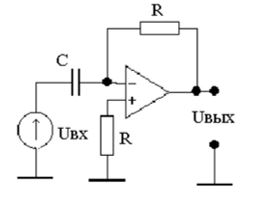 <b>Задание 1.</b><br /> Рассчитать и построить график АЧХ коэффициента передачи дифференцирующего усилителя для диапазона частот (20...20·103)Гц, приняв R=100кОм, С=16нФ. <br />Нарисовать временную диаграмму выходного сигнала дифференцирующего усилителя считая, что входной сигнал периодическая последовательность однополярных импульсов с амплитудой 1В, частотой 100Гц