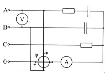 Определить показания приборов. <br />Рассчитать ток в нулевом проводе при обрыве линейного провода «С» <br />Построить векторную диаграмму токов и напряжений <br />Дано: IA = 11 A, IB = 10 A, IC = 8 A, ZA = 40e<sup>-j65°</sup> Ом
