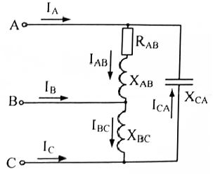 Определить линейные и фазные токи, активную мощность.<br /> Построить векторную диаграмму токов и напряжений <br />Дано: Uл = 220 В, Xab = 15 Ом, Rab = 30 Ом, Xbc = 18 Ом, Xca = 12 Ом