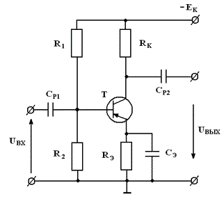 Рассчитать h – параметры биполярного транзистора, его входное и выходное сопротивления, коэффициент передачи по току, пользуясь входными и выходными характеристиками транзистора. Тип транзистора определяется вариантом, совпадающим с номером студента в списке журнала деканата. Схема включения транзистора с общим эмиттером (ОЭ). <br />Провести графоаналитический расчет усилительного каскада на заданном типе транзистора, включенного по схеме с ОЭ, с одним источником питания EК и с температурной стабилизацией рабочего режима. <br />Определить параметры элементов схемы усилительного каскада: <br />коэффициенты усиления по току (Кi), напряжению (Кu), мощности (Kp); токи и напряжения в режиме покоя Iбо, Iко, Uбэо, Uкэо; амплитудные значения входных и выходных переменных токов и напряжений в линейном режиме работы усилителя; полезную выходную мощность каскада и его КПД; верхнюю и нижнюю граничные частоты полосы пропускания.<br />Вариант 11 <br /><b> Дано:</b><br /> Транзистор: МП116; <br />ΔI<sub>б</sub> = 0.1 мА; <br />U<sub>КЭ max</sub> = 15 В; <br />I<sub>к max</sub> = 10 мА;<br /> P<sub>к max</sub> = 150 мВт; <br />C<sub>к</sub> = 50 пФ;<br /> f<sub>гр</sub>=0.92 МГц;