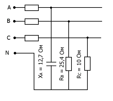 В трехфазную четырехпроводную сеть с линейным напряжением U ном включили звездой разные по характеру сопротивления (см. рис. 1—25). Определить линейные токи и начертить в масштабе векторную диаграмму цепи. По векторной диаграмме определить величину тока в нулевом проводе. Данные для своего варианта взять из табл. 3.3 <br /> Какие сопротивления надо включить в фазы В и С приведенной схемы, чтобы ток в нулевом проводе стал равен нулю при неизменных значениях сопротивлений фазы А? <br /> Вариант 6 <br /> U<sub>ном</sub> = 220 В