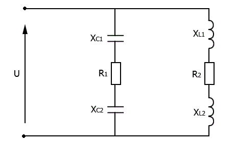 Дано: U<sub>R2</sub>=24 В, R<sub>1</sub> = 6 Ом, R<sub>2</sub> = 24 Ом, X<sub>L1</sub> = 10 Ом, X<sub>L2</sub> = 22 Ом, X<sub>C1</sub> = 3 Ом, X<sub>C2</sub> = 5 Ом <br /> Цепь переменного тока содержит различные элементы (резисторы, индуктивности, емкости), образующие две параллельные ветви. <br /> Начертить схему цепи и определить следующие величины, если они не заданы в таблице: <br /> 1.	Напряжение U, приложенное к цепи <br /> 2.	Токи I<sub>1</sub> и I<sub>2</sub> в обеих ветвях <br /> 3.	Ток I в неразветвленной части цепи <br /> 4.	Коэффициент мощности вей цепи <br /> 5.	Активную P, реактивную Q и полную мощность S для всей цепи <br /> 6.	Начертить в масштабе векторную диаграмму и пояснить ее построение.