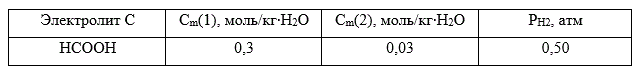 Для элемента, составленного из водородного электрода Н<sup>+</sup>│ Н<sub>2</sub>, Pt (пластина насыщена водородом при давлении Р<sub>Н<sub>2</sub></sub>) в растворе электролита С с концентрацией С<sub>m</sub>(1) и каломельного электрода Hg, Hg<sub>2</sub>Cl<sub>2</sub>│Cl<sup>-</sup> с концентрацией KCl С<sub>m</sub>(2): <br />9.1. Вычислить электродные потенциалы водородного и каломельного электродов (стандартные электродные потенциалы и константы диссоциации слабых электролитов найти в справочнике, ионное произведение воды при 298 К равно 1,008∙10<sup>-14</sup>; коэффициенты активностей сильных электролитов принять равными единице);  <br /> 9.2. Вычислить ЭДС ε элемента (диффузионную ЭДС не учитывать); <br /> 9.3. Вычислить pH  раствора, содержащего электролит С.