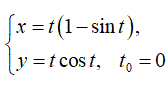 Составить уравнения касательной и нормали к кривой в точке, соответствующей значению параметра  t = t<sub>0</sub>. <br /> x = t(1 - sin(t)) <br /> y = tcos(t), t<sub>0</sub> = 0  