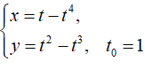 Составить уравнения касательной и нормали к кривой в точке, соответствующей значению параметра t = t<sub>0</sub>. <br /> x = t - t<sup>4</sup> <br /> y = t<sup>2</sup> - t<sup>3</sup>, t<sub>0</sub> = 1