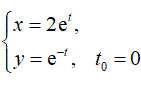 Составить уравнения касательной и нормали к кривой в точке, соответствующей значению параметра t = t<sub>0</sub>. <br /> x = 2e<sup>t</sup> <br /> y = e<sup>-t</sup>, t<sub>0</sub> = 0 