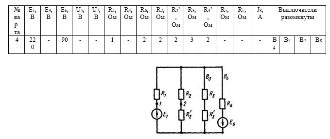 Для электрической цепи постоянного тока (рис. 9) определить токи I<sub>1</sub>— I<sub>7</sub> в ветвях резисторов R<sub>1</sub>— R<sub>7</sub>, составить баланс мощностей, а также определить режим работы источников питания и напряжение U<sub>12</sub> между точками 1 и 2 цепи.<br /> Вариант 4