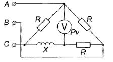 <b>Глава 4. Задача 145</b><br />Определить показания вольтметра, если U<sub>Л</sub> = 220 В, R=X <br />Ввести ответ, округлив до десятков вольт