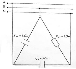 <b>Электрические цепи трехфазного переменного тока  </b><br />Найти: мощность, построив векторную диаграмму определить ток в нейтральном проводе; для соединения треугольником определить линейные токи.<br />Построить векторную диаграмму   <br />Uл = 380 В