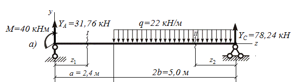 <b>Задача 4  <br />Построение эпюр поперечных сил и изгибающих моментов в балках </b><br /> Для статически определимых балок, представленных на рис. 4 по строке таблицы 4.1, при числовых значениях размеров и нагрузок таблицы 4.2 требуется:  <br />1. Определить опорные реакции.  <br />2. Построить эпюры внутренних усилий Q и M.  <br />Исходные данные: a=2,4 м; b=2,5 м; c=1,4 м;  P=21 кН; q=22 кН/м; M=40 кН∙м.  <br />Схема 15