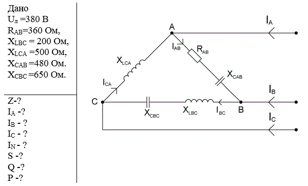 <b>Расчет  3-х фазных электрических цепей переменного тока:  </b><br />1)	Определить фазные токи; <br />2)	Определить линейные токи; <br />3)	Определить активную, реактивную и полную мощность каждой фазы и всей трехфазной сети; <br />4)	Определить угол фаз между током и напряжением в каждой фазе; <br />5)	Начертить в масштабе векторную диаграмму трехфазной цепи