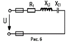 Цепь переменного тока содержит элементы (R, L, C), включенные последовательно. Схема цепи приведена на рисунках №6…№15. № рисунка и значения сопротивлений элементов R, L, C, а также один дополнительный параметр заданы в табл. 1.            <br />Начертить схему цепи и векторную диаграмму и определить величины:  Z; E; UR; UL; UC; I; Р, Q и S  с учетом их угла сдвига фаз φ.  <br />Вариант 21<br /><b> Дано:</b> <br />Рисунок 6   <br />R1 = 6 Ом, XL1 = 10 Ом, XC1 = 2 Ом, I = 5 A