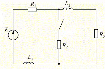 Для схемы по номеру вариантов рис. 4.32 рассчитать законы изменения токов во всех ветвях при осуществлении коммутации. Выбор схемы, параметры элементов и там коммутации определить по таблице 4.5 Расчет выполнить операторным методом. <br />Построить графики найденных токов на интервале времени от -∞ до+∞ <br /> Вариант 15.<br /> <b>Дано:</b> <br />схема «n» <br />Е = 80 В, L = 1 мГн, L2 = 5 мГн, R1 = 8 Ом, R2 = 4 Ом, R3 = 4 Ом<br /> Ключ замыкается. <br />Найти: u<sub>L1</sub>, i<sub>L1</sub> 