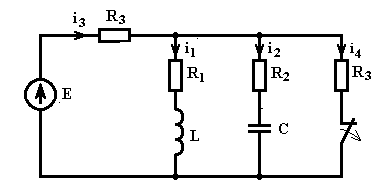 Операторным методом определить токи во всех ветвях после размыкания ключа<br />Вариант 21<br /><b>Дано:</b> <br />E = 144 В <br />R1 = 4 Ом <br />R2 = 12 Ом <br />R3 = 10 Ом <br />L = 10 мГн <br />С = 40 мкФ