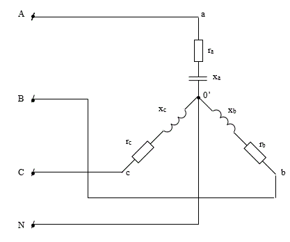 <b>Задача №3 (Вариант №9)</b><br />Uл=127 В, ra=3 Ом, rb=3,5 Ом, rc=3,5 Ом, хa=4 Ом, хb=6 Ом, хс=8 Ом.  <br />Определить фазные и линейные токи, ток в нейтральном проводе, активную мощность всей цепи, каждой фазы в отдельности.  Построить векторную диаграмму токов и напряжений.