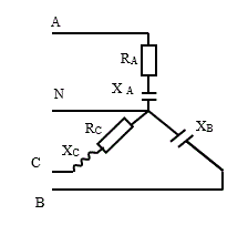 Три группы сопротивлений соединили звездой с нулевым проводом  и включили в трехфазную сеть переменного тока с линейным напряжением Uном. Активные сопротивления в фазах А, В и С соответственно равны RA, RВ, и  R; реактивные – ХА, ХВ и ХС. Характер реактивных сопротивлений (индуктивное или емкостное) указан на схеме цепи. Углы сдвига фаз в каждой фазе равны jА , jВ,  и jС.  Фазы нагрузки потребляют активные мощности РА, РВ,   РС и реактивные QА, QВ ,QС.  В таблице вариантов указаны некоторые из этих величин и номер рисунка цепи. Для своего варианта начертить схему цепи; определить величины, начертить в масштабе векторную диаграмму в нормальном режиме. Начертить векторную диаграмму в аварийном режиме при отключении фазы А. Из  векторных диаграмм определить графически токи в нулевом проводе в обоих режимах. При вычислениях принять: sin36°50¢=cos53°10¢=0,6; sin53°10¢= cos36°50¢= 0,8. <br />Вариант 1 <br />Дано: U=380 В, PА= 2904 Вт, PС = 1936 Вт, QА = 3872 ВАр, QB = 1100 ВАр, QС = 1452 ВАр