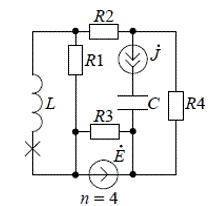 Для электрической цепи, представленной на рис. 1.1 и находящейся при гармоническом внешнем воздействии: 1) составить системы уравнений электрического равновесия цепи двумя методами: методом контурных токов и методом узловых напряжений. 2) рассчитать ток в ветви, отмеченной звездочкой «х», если элементы цепи обладают следующими параметрами Расчет произвести методом эквивалентного источника (четный вариант)<br /> Вариант n= 4 m = 9