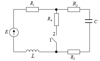 Каждая цепь содержит: источник постоянной ЭДС, элементы R, L, C и  переключатель. Переключатель в положении 1 находился длительное время (t→∞).  Переключатель переключается из положения 1 в положение 2.  <br />1.1 Рассчитать классическим методом токи во всех ветвях и напряжения на L, C элементах схемы. Построить графики рассчитанных токов и напряжений в переxодныx процессах. <br />1.2 Рассчитать операторным методом законы изменения тех же переменных. <br />1.3 Сравнить результаты расчетов по п.1.1-1.2.<br />Дано: E = 100 В, R1 = 20 Ом, R2 = 2 Ом, R3 = 18 Ом, R4 = 2 Ом, L = 1 мГн = 0.001 Гн, C = 1 мкФ