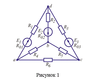 Задача 1. Расчет линейной цепи постоянного тока методом двух законов Кирхгофа с предварительный преобразованием треугольника резисторов в эквивалентную звезду.<br />В цепи, схема которой приведена на рис. 1, требуется:  <br />1.	преобразовать треугольник резисторов R4, R5, R6 в эквивалентную звезду затем методом двух законов Кирхгофа определить токи в ветвях преобразованной цели;  <br />2.	определить напряжения U<sub>ab</sub> , U<sub>bc</sub> , U<sub>ca</sub> и токи I<sub>4</sub> , I<sub>5</sub> , I<sub>6</sub> исходной цепи;  <br />3.	составить уравнение баланса мощностей дня исходной цепи с целью проверки правильности (расхождение баланса мощностей не должно превышать 3%). <br />4 вариант<br />Исходные данные: <br />E1 = 24 В, E2 = 36 В, E3 = 48 В; R01 = 1 Ом, R02 = 2 Ом, R03 = 1 Ом,  <br />R1 = 9 Ом, R2 = 7 Ом, R3 = 5 Ом, R4 = 2 Ом, R5 = 3 Ом, R6 = 5 Ом.
