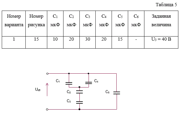 <b>Задание №6</b><br />Определить общую емкость цепи, напряжение на каждом конденсаторе, напряжение приложенное к цепи и энергию электрического поля каждого конденсатора. Данные для своего варианта взять из табл. 5.<br /> Вариант 1