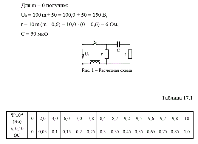 1. Для цепи из табл. 17.4, соответствующей варианту, рассчитать переходный процесс методом последовательных интервалов. Построить кривые тока катушки iL(t)  при чётном m или напряжения на ёмкости uC(t)  при нечётном m. Нелинейная характеристика катушки Ψ=f(iL)  задана табл. 17.1. <br />2. Дополнительное задание. Повторить решение предыдущего пункта, применив метод Рунге-Кутта четвертого порядка, используя программу rkfixed интегрированной среды MathCAD. Для аппроксимации характеристики  Ψ=f(iL) или iL=F(Ψ)  рекомендуется использовать функции  cspline и  interp. <br /> Вариант 30