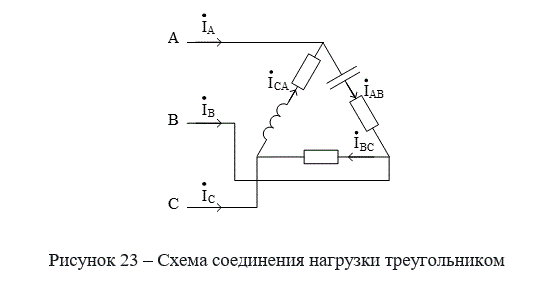 К зажимам трехфазного генератора подсоединён приемник, соединенный треугольником (рисунок 23). Определить фазные и линейные токи, показания вольтметра, зная, что линейное напряжение равно 220 В, R=25 Ом, x<sub>L</sub>=x<sub>C</sub>=10 Ом.<br />Построить векторную диаграмму токов и напряжений