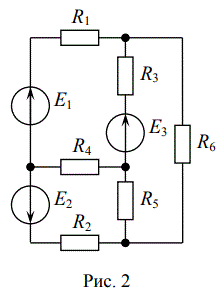 Для заданной электрической цепи (рис. 1–3), в которой R5 = 75 Ом, R6 = 100 Ом, а остальные параметры указаны в таблице, требуется рассчитать ток через сопротивление R6 методом наложения.  <br />Вариант 2<br />  Дано: Схема 2.  E1 = 10 В, E2 = 14 В, E3 = 7 В, R1 = 47 Ом, R2 = 200 Ом, R3 = 68 Ом, R4 = 82 Ом