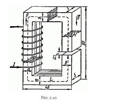Сердечник собран из листов электротехнической стали марки Э<sub>11</sub>. Форма и размеры сердечника (в мм) указаны на рис. 2.10. <br /> Обмотка имеет w = 400 витков, по которым проходит ток I = 3,5 А. Длина воздушного зазора составляет 1 мм. Определить магнитный поток в сердечнике. При расчете следует считать, что сечение воздушного зазора равно сечению сердечника <br /> Задачу решить следующими аналитическими методами: а) линейной аппроксимации, б) кусочно-линейной аппроксимации, в) дробно-линейной аппроксимации <br /> Результаты, полученные для каждого из случаев, сравнить с теми, какие получаются при решении задачи обычным способом