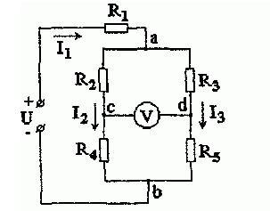 Определить методом эквивалентных преобразований токи в ветвях цепи (рис. 1 10, а) и показание вольтметра, включенного между точками c и d, считая, что его сопротивление во много раз превышает сопротивление каждого из элементов цепи. <br />  Чему равно показание амперметра, включенного между точками c и d, сопротивление которого считать равным нулю? <br /> Сопротивления элементов цепи: R<sub>1</sub> =10 Ом, R<sub>2</sub> = R<sub>3</sub> = R<sub>5</sub> = 25 Ом и R<sub>4</sub> = 50 Ом, а приложенное к ней напряжение U = 120 В.