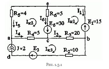 Определить токи в ветвях схемы рис. 1.3.1 методом контурных токов. Правильность решения проверить по балансу мощностей.