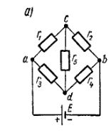 Методом эквивалентного генератора напряжения найти ток (рис. 57, а), проходящий через сопротивление r5, если E = 120 В, r<sub>1</sub> = 60 Ом, r<sub>2</sub> = 15 Ом, r<sub>3</sub> = 90 Ом, r<sub>4</sub> = 60 Ом, r<sub>5</sub> = 12 Ом. Внутреннее сопротивление источника напряжения равно нулю.