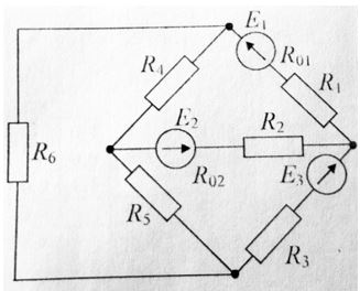 1.	Определить ветви электрической цепи <br />2.	Определить узлы электрической цепи <br />3.	Определить контуры электрической цепи <br />4.	Обозначить все токи и определить их методами: <br />a.	Законов Кирхгофа <br />b.	Контурных токов. <br />Вариант 45 <br />Дано: Е1 = 12 В, Е2 = 6 В, Е3 = 40 В, <br />R01 = 1.2 Ом, R02 = 0.6 Ом, <br />R1 = 2 Ом, R2 = 3 Ом, R3 = 8 Ом, R4 = 5 Ом, R5 = 7 Ом, R6 = 8 Ом