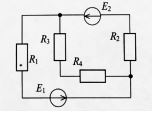 Используя метод эквивалентного генератора, определите ток через резисторы R<sub>3</sub>, R<sub>4</sub>.  <br /> R<sub>1</sub> = 4, R2<sub></sub> = 10, R<sub>3</sub> = 1, R<sub>4</sub> = 2, E<sub>1</sub> = 4, E<sub>2</sub> = 20 <br /> Сопротивления даны в Омах, ЭДС в Вольтах