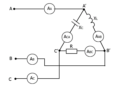 Показания амперметров в фазах приемника 10 A. Определить показания амперметров в линиях.