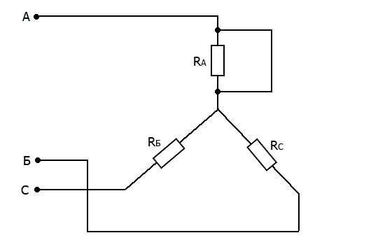 К трехфазной к трехпроводной сети с линейным напряжением U<sub>л</sub> = 220 В подключен потребитель, соединенный звездой с сопротивлениями R<sub>А</sub> = R<sub>В</sub> = R<sub>С</sub> = 10 Ом. Определить напряжение каждой фазы, если в фазе А произошло короткое замыкание.