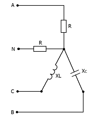 Построить качественно векторную диаграмму токов и топографическую диаграмму напряжений при наличии сопротивления в нейтральном проводе и равенстве сопротивлений фаз. X<sub>C</sub> = X<sub>L</sub> = R