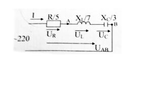 Рассчитать напряжение на нагрузках R, L, C, а также между точками A и B <br /> R = 5 Ом, X<sub>L</sub> = 7 Ом, X<sub>C</sub> = 3 Ом, U = 220 B