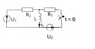 Этапы аналитического расчета переходных процессов в электрической цепи классическим методом. Определить ток и напряжение катушки i<sub>L</sub>(t) и  u<sub>L</sub>(t), если U<sub>1</sub> = 300 B, U<sub>2</sub> = 100 B, R<sub>1</sub> = 30, R<sub>2</sub> = 20, L = 0,012 <br />Построить график