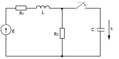 Определить начальное условие для тока i<sub>c</sub> <br /> Дано: R<sub>1</sub> = 4 Ом, R<sub>2</sub> = 8 Ом, L = 0,2 Гн, C = 20 мкФ, E = 120 B.