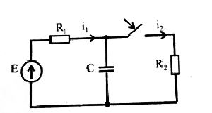 Рассчитать ток i<sub>2</sub>(t) после замыкания ключа. Построить график изменения тока<br /> R<sub>1</sub> = 1,5 кОм, R<sub>2</sub> = 1 кОм, C = 0,1 мкФ, E = 20 B