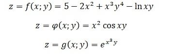 Заданы функции: z = f(x,y), z = φ(x;y), z = g(x;y). Требуется: <br /> a) df/dx; d<sup>2</sup>g/dx<sup>2</sup>; df/dy; d<sup>2</sup>f/dy<sup>2</sup>;  <br /> б) найти dφ/dx; dφ/dy  <br /> в) показать, что d<sup>2</sup>g/dxdy = d<sup>2</sup>g/dydx <br /> z = f(x;y) = 5 - 2x<sup>2</sup> + x<sup>3</sup>y<sup>4</sup> - ln(xy) <br /> z = φ(x;y) = x<sup>2</sup>cos(xy) <br /> z = g(x;y) = e<sup>x<sup>3</sup>y</sup>