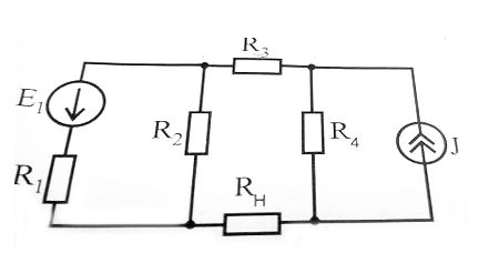 Вычислить ток в резисторе Rн методом эквивалентного генератора, если Rн = 10, R<sub>1</sub> = 17 Ом, R<sub>2</sub> = 28 Ом, R<sub>3</sub> = 14 Ом, R<sub>4</sub> = 17 Ом, E<sub>1</sub> = 22 B, I = 6 A