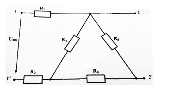 Определить эквивалентное сопротивление цепи относительно зажимов 1-1’ при замкнутых накоротко зажимах 2-2’, если R<sub>1</sub> = 4 Ом, R<sub>2</sub> = 3 Ом, R<sub>3</sub> = 3 Ом, R<sub>4</sub> = 6 Ом, R<sub>5</sub> = 3 Ом. Указать правильный ответ:<br />  1.	9 Ом; <br /> 2.	14 Ом;<br />  3.	10 Ом; <br /> 4.	7 Ом; <br /> 5.	1 Ом.