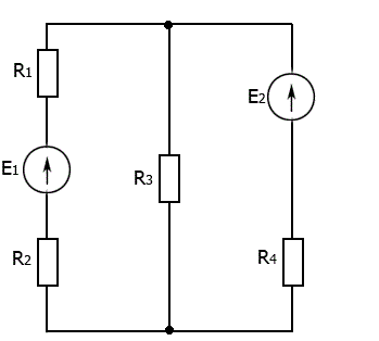 В электрической цепи постоянного тока заданы ЭДС и сопротивления (E<sub>1</sub> = 100 B, E<sub>2</sub> = 50 B, R<sub>1</sub> = 2 Ом, R<sub>2</sub> = 8 Ом, R<sub>3</sub> = 20 Ом, R<sub>4</sub> = 40 Ом). Определите токи в ветвях, используя первый и второй законы Кирхгофа. Решите эту задачу методом контурных токов.