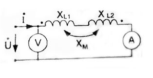 Параметры цепи: X<sub>L1</sub> = X<sub>L2</sub> = 10 Ом, pA = 2 A, pV = 20 B Определить сопротивление взаимной индуктивности X<sub>M</sub>